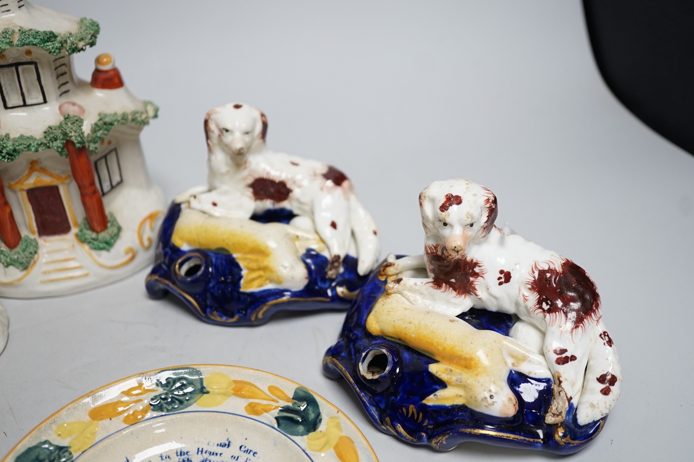 A pair of 19th century Staffordshire King Charles Spaniel pen holders and two pearl ware plates etc (8)
